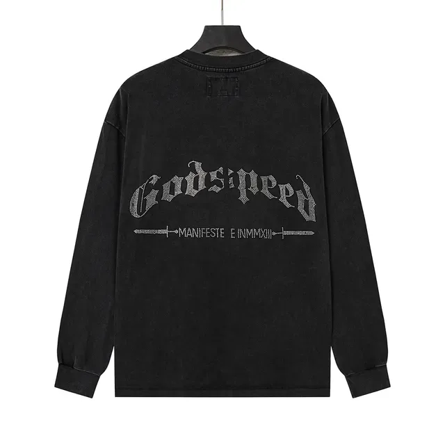 Camiseta Godspeed negro y gris lavado desgastado con gráfico de rostro fotorrealista 4
