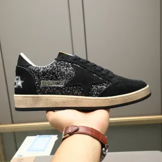 Golden Goose Ball Star Preto Bege Camurça Prata Brilho Camada Tênis Lifestyle