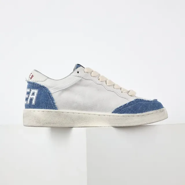 Golden Goose Super-Star حذاء أسلوب حياة من الدنيم الأبيض والأزرق المتضرر 7