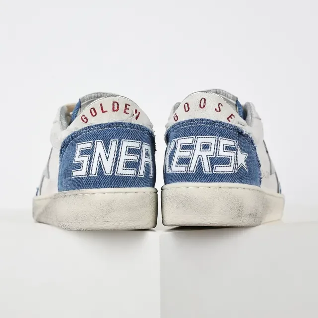 Golden Goose Super-Star حذاء أسلوب حياة من الدنيم الأبيض والأزرق المتضرر 8