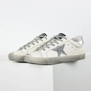 Sneakers Lifestyle Golden Goose Superstar Branco Prata Sola de Borracha Distressed Patch Estrela Glitter