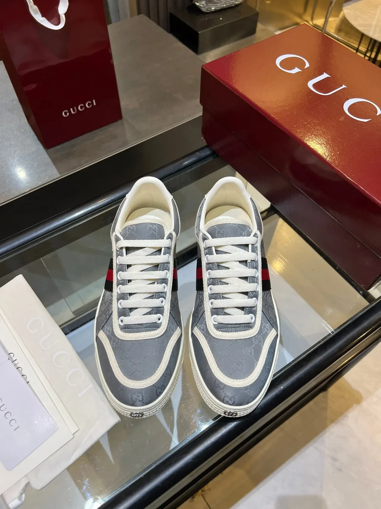 Gucci Ace Gray GG Monogram Web Stripe Lifestyle Sneakers 3
