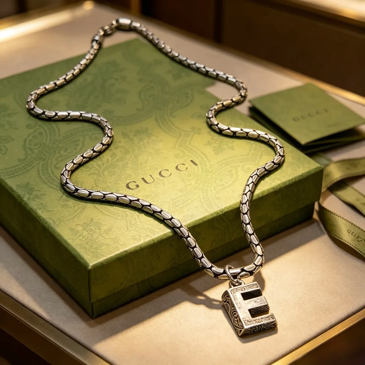 Gucci Alphabet Collection Silver Braided-Link Letter E Necklace 4