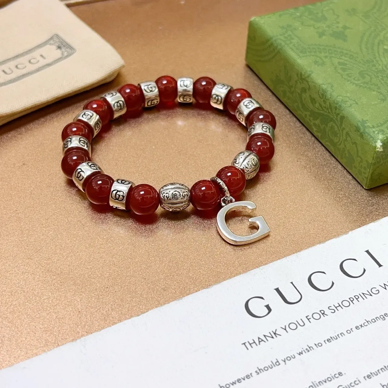 Gucci Beaded Red Agate and Silver-Tone Interlocking G Pendant Bracelet 9