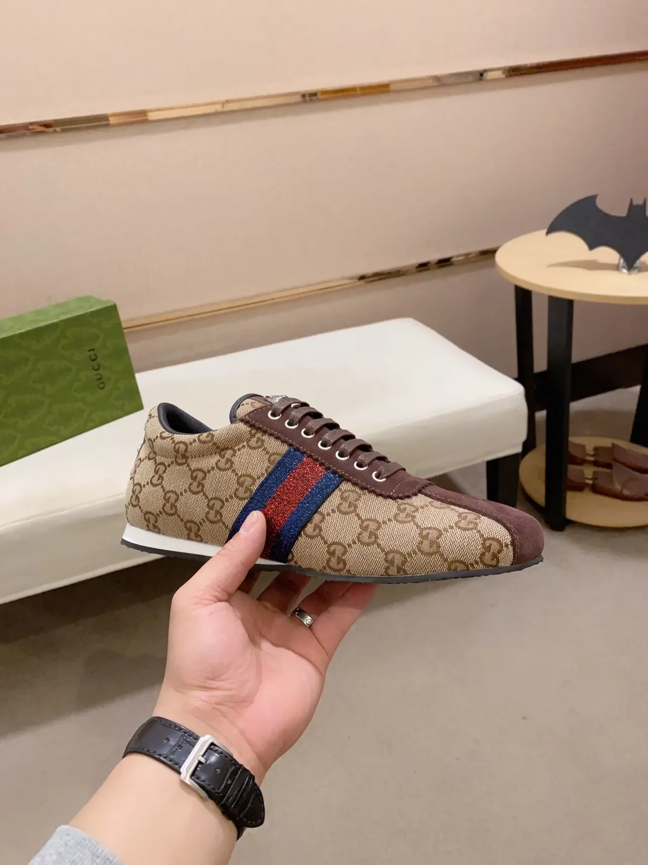 Gucci Beige Marrón Monogram Lona Ante Superposiciones Lifestyle Sneakers 4