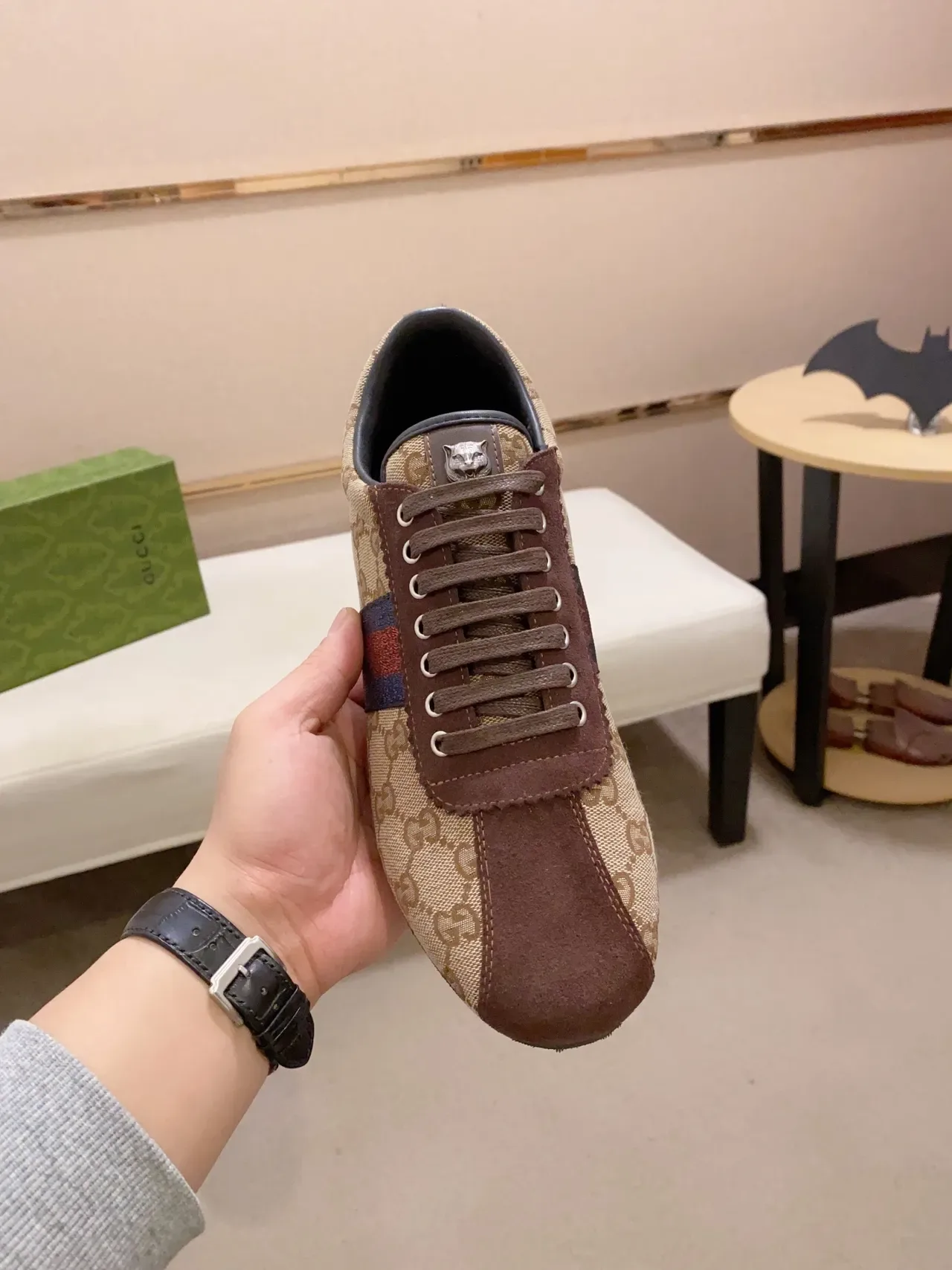 Gucci Beige Marrón Monogram Lona Ante Superposiciones Lifestyle Sneakers 5