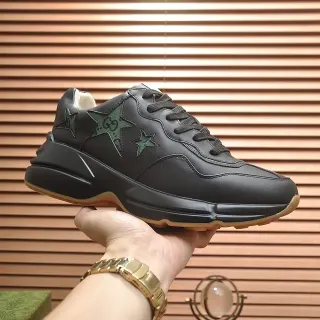 Gucci Black Green Leather Upper Star GG Appliqués Chunky Sneakers
