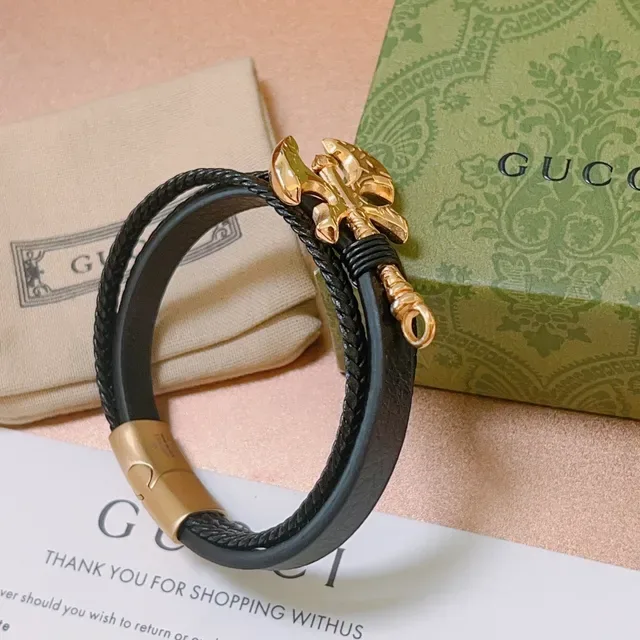 Gucci pulsera de cuero negro y cordón trenzado doble envoltura 6