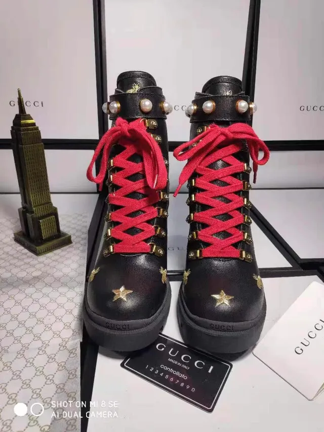 Gucci Black Red Embellished Pearl-Trimmed Ankle Boots 2