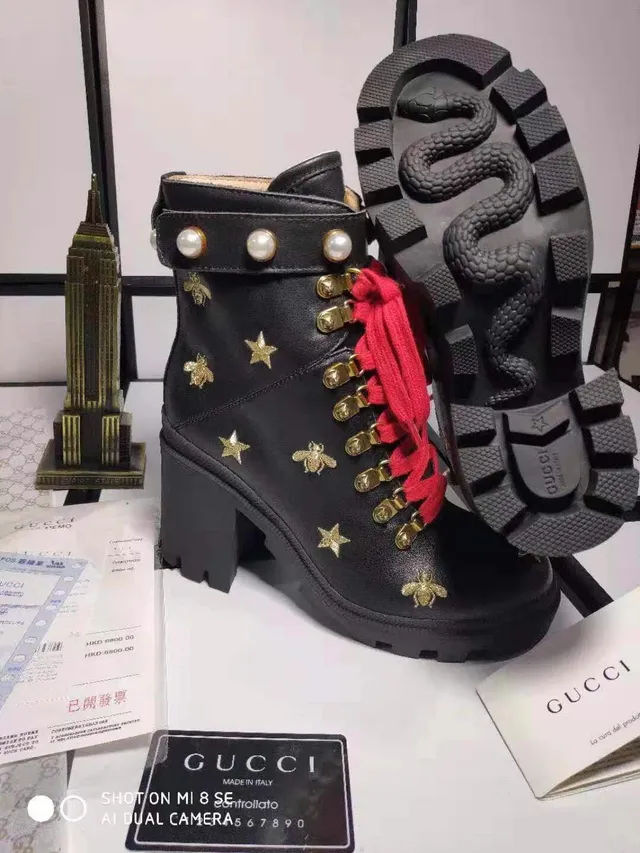 Gucci Black Red Embellished Pearl-Trimmed Ankle Boots 3