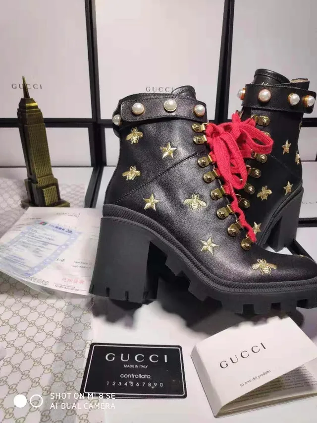 Gucci Black Red Embellished Pearl-Trimmed Ankle Boots 4