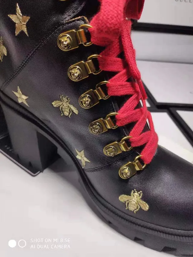 Gucci Black Red Embellished Pearl-Trimmed Ankle Boots 5