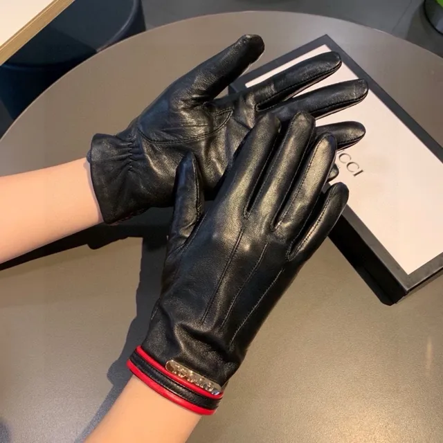 Gucci Black Red Smooth Cuff Leather Gloves 5