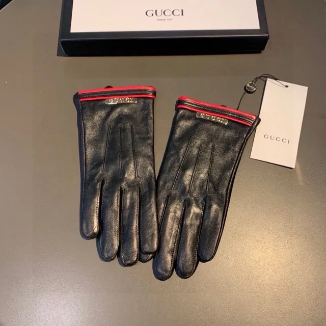 Gucci Black Red Smooth Cuff Leather Gloves 6