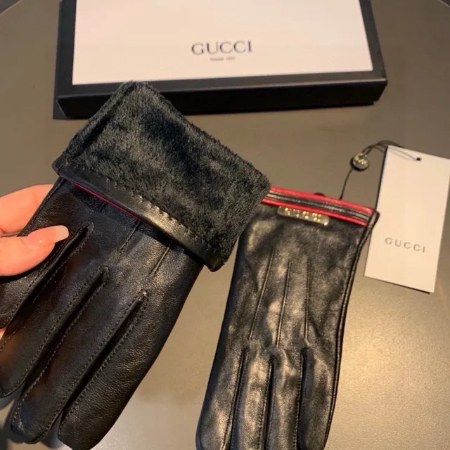 Gucci Black Red Smooth Cuff Leather Gloves 9