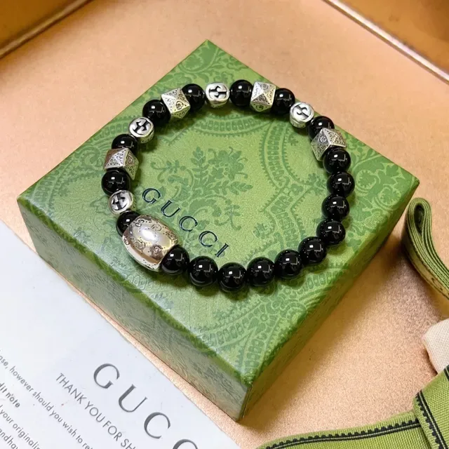 Gucci Black Silver Beaded Metal-Charm Bracelet 9