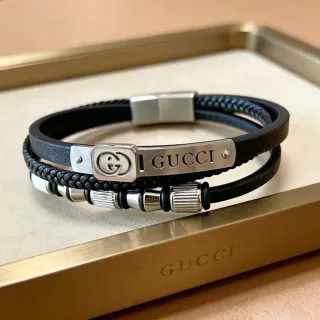 Gucci سوارة أسود فضي حبل مضفر متعدد الطبقات جلد ناعم