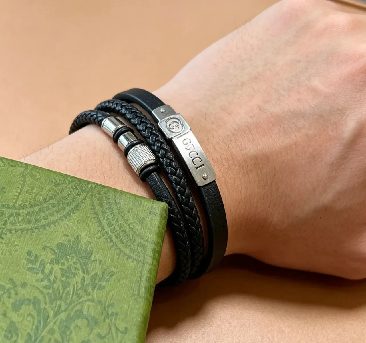 Gucci Black Silver Multi-Layered Braided Rope And Smooth Leather Bracelet 5