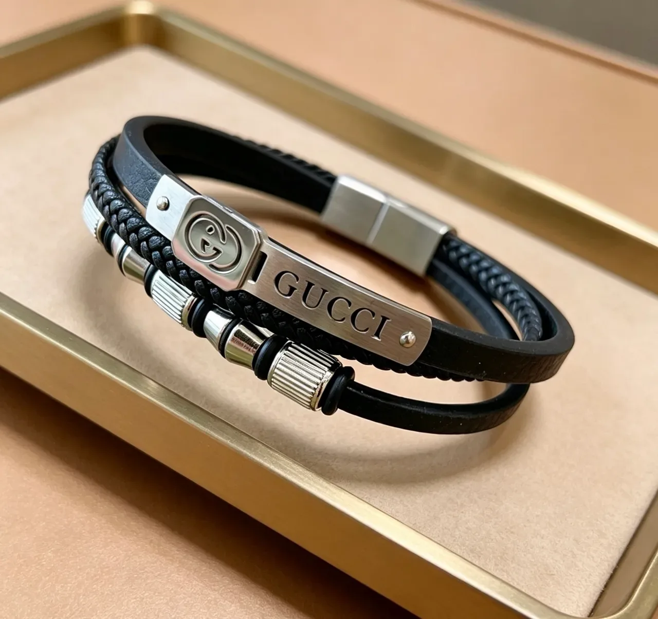 Gucci Black Silver Multi-Layered Braided Rope And Smooth Leather Bracelet 7