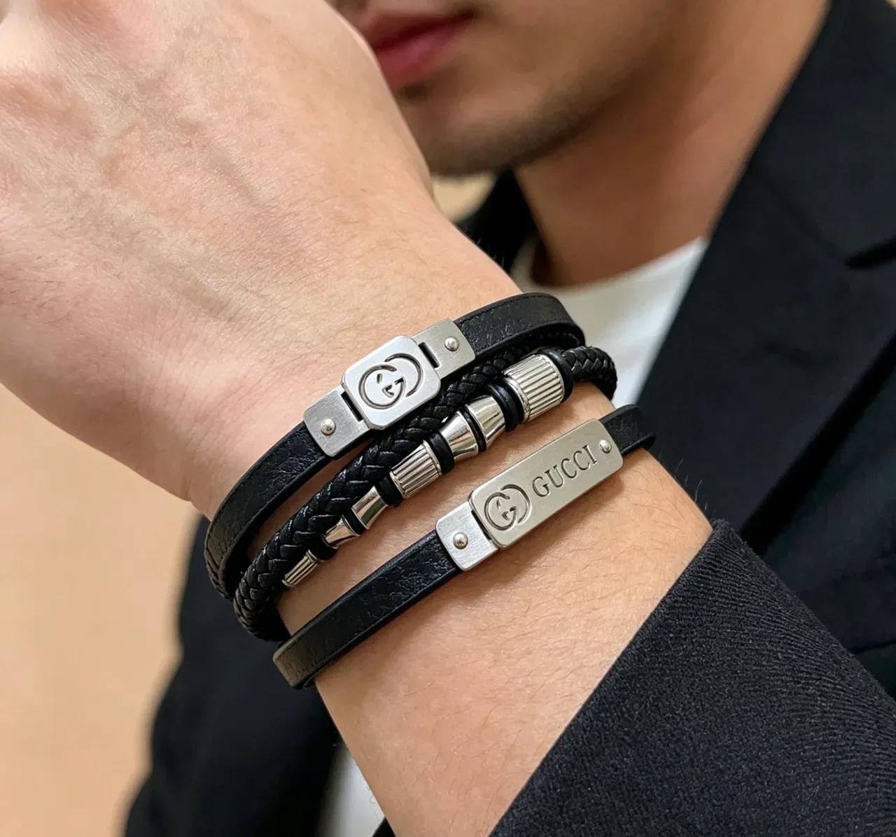 Gucci Black Silver Multi-Layered Braided Rope And Smooth Leather Bracelet 8