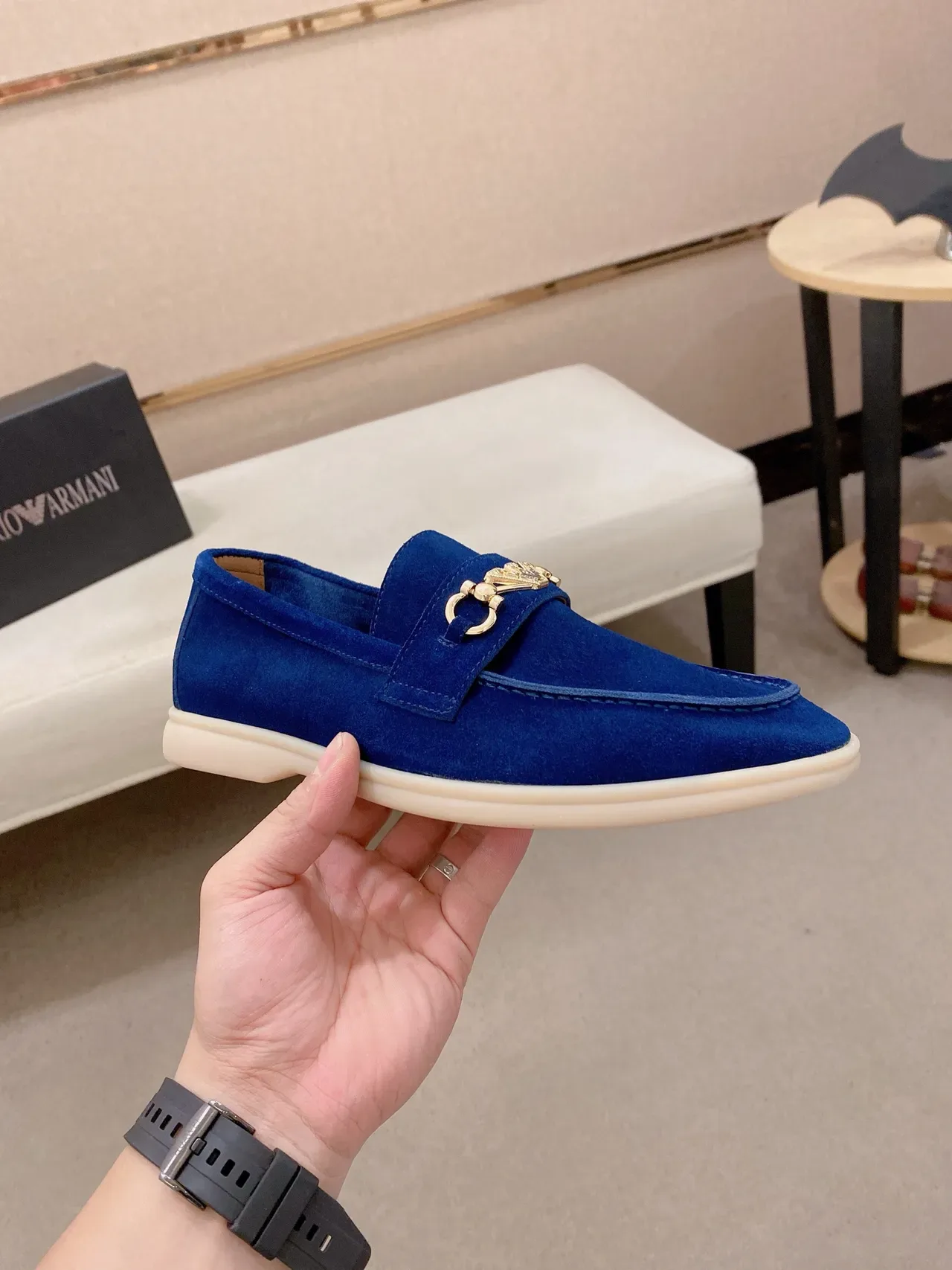 Gucci Azul Beige Ante Superior Hebilla Horsebit Mocasín 4