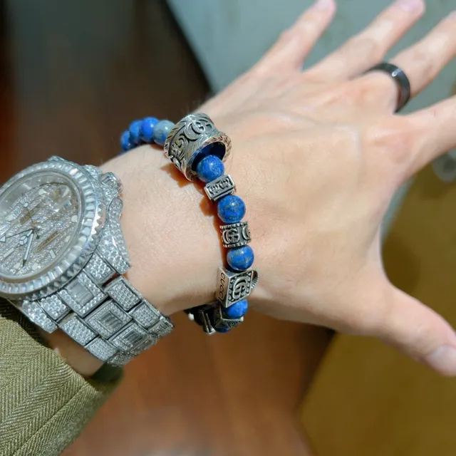 Gucci Blue Silver Beaded Elastic Stretch Bracelet 2