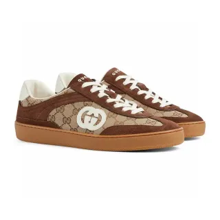 Gucci 棕色米色低帮麂皮与印花帆布生活方式运动鞋