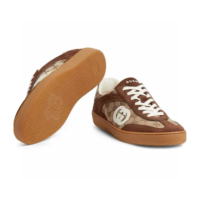 Gucci Zapatillas Lifestyle Low-Top Marrón Beige Ante y Monogram Canvas 9