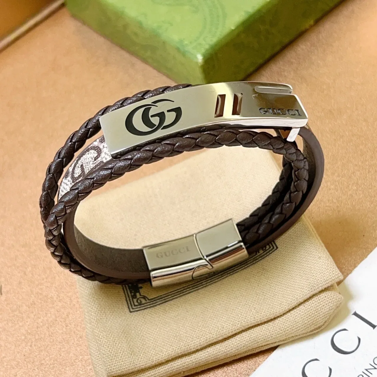 Gucci Brown Silver Braided Leather Interlocking G Logo Bracelet 4