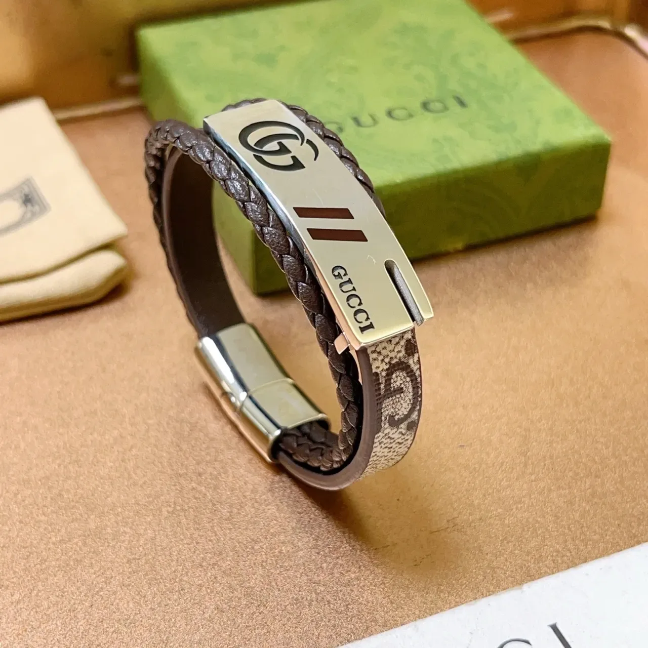 Gucci Brown Silver Braided Leather Interlocking G Logo Bracelet 6