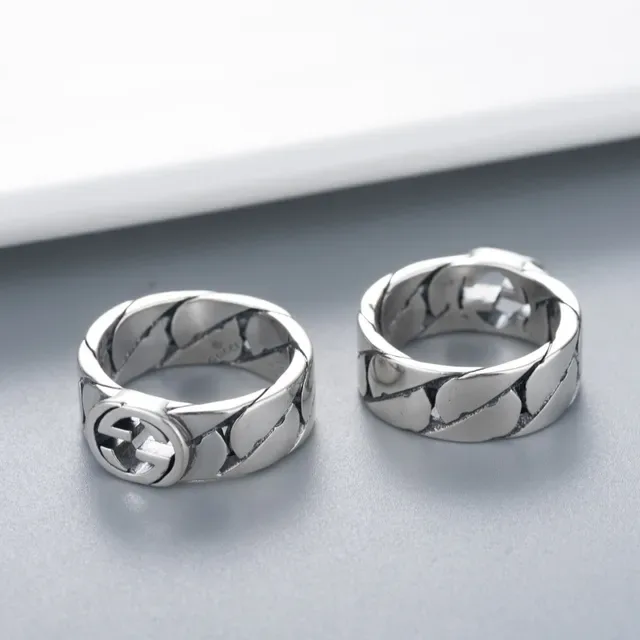 Anillo Gucci Cadena Interlocking G Plata Banda Negra Logo 2