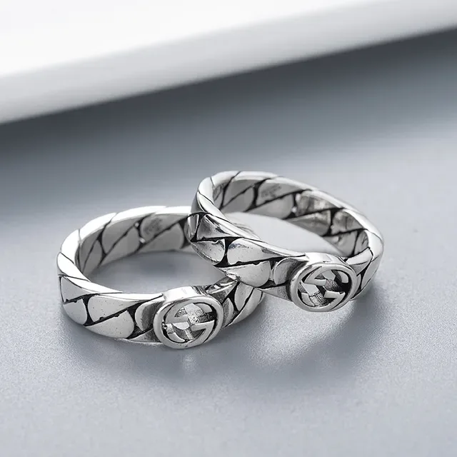 Anillo Gucci Cadena Interlocking G Plata Banda Negra Logo 4