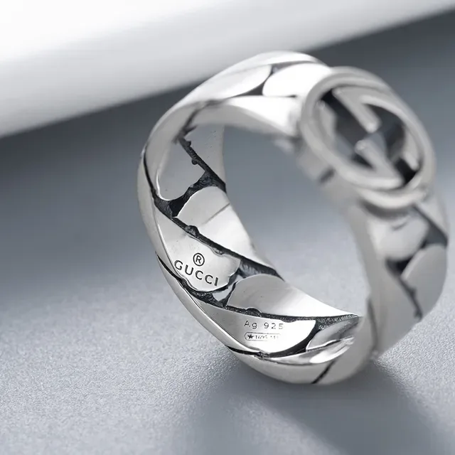 Anillo Gucci Cadena Interlocking G Plata Banda Negra Logo 5