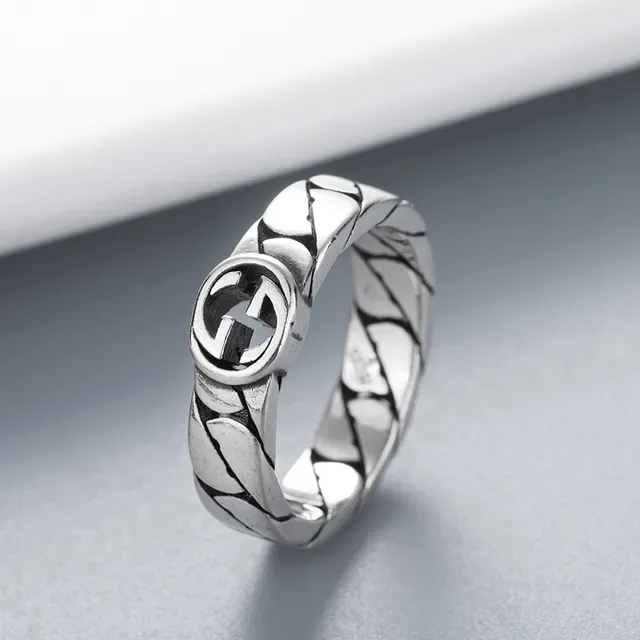 Anillo Gucci Cadena Interlocking G Plata Banda Negra Logo 6