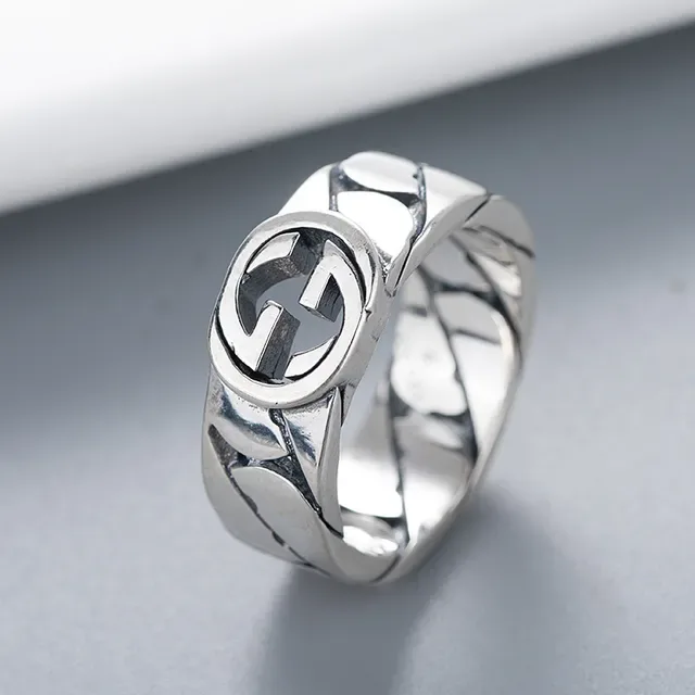 Anillo Gucci Cadena Interlocking G Plata Banda Negra Logo 7
