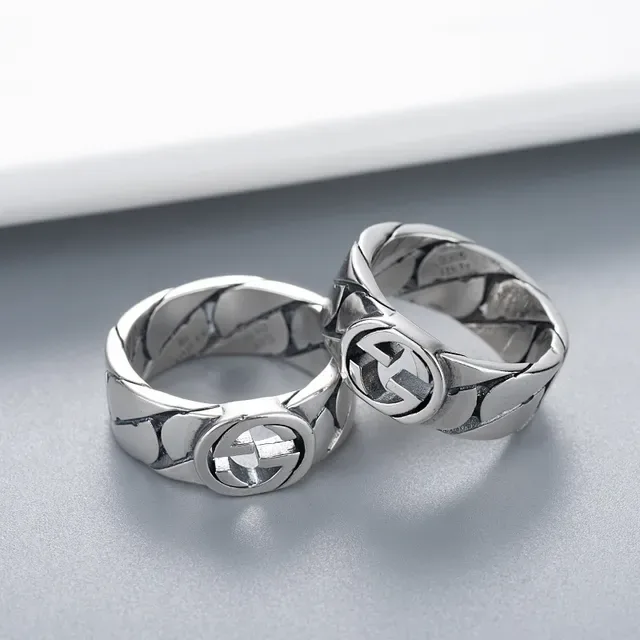 Anillo Gucci Cadena Interlocking G Plata Banda Negra Logo 8