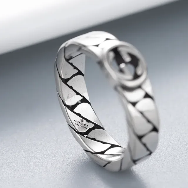 Anillo Gucci Cadena Interlocking G Plata Banda Negra Logo 9