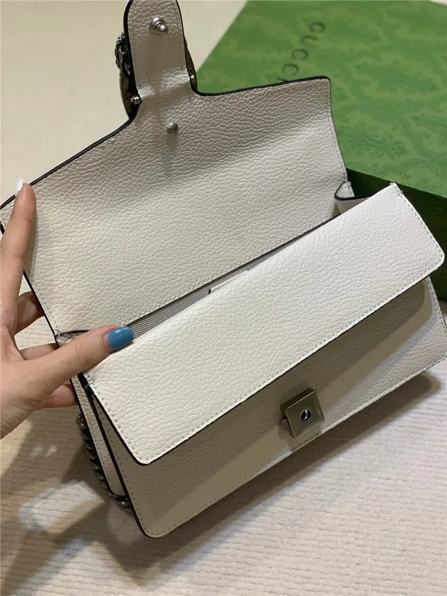Gucci Dionysus White Pebbled Leather Blue Enamel Horsebit Chain Bag 20