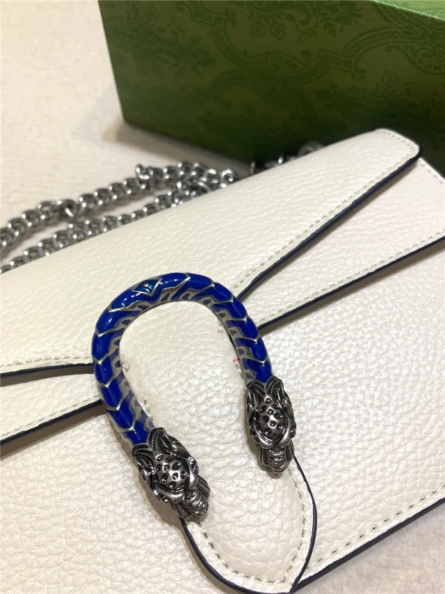Gucci Dionysus White Pebbled Leather Blue Enamel Horsebit Chain Bag 22