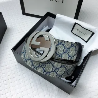 Gucci GG Marmont بيج نافي إبزيم متشابك G مونوغرام كانفاس حزام جلدي