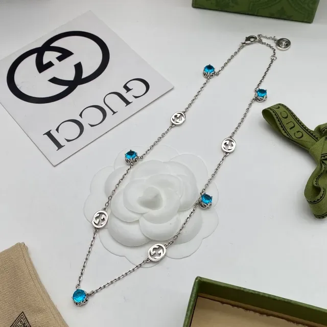 Gucci GG Marmont Azul Prata Motivo G Interlocking Corrente de Elos Colar 7