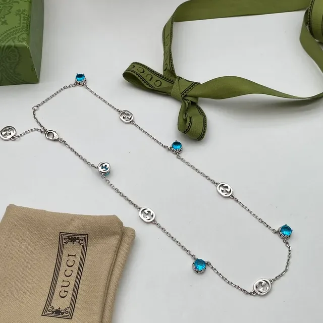 Gucci GG Marmont Azul Prata Motivo G Interlocking Corrente de Elos Colar 8