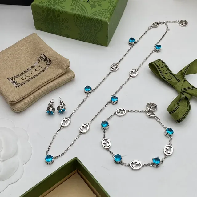 Gucci GG Marmont Azul Prata Motivo G Interlocking Corrente de Elos Colar 9