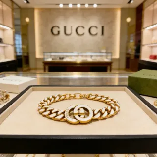 Gucci GG Marmont Pulsera Cadena Curb-Link Gruesa de Oro Blanco con Inlay de Esmalte