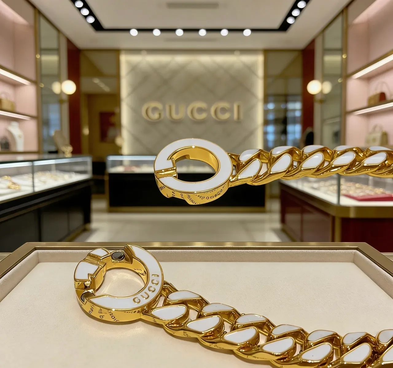 Gucci GG Marmont Bracelet Chaîne Curb-Link Épaisse Or Blanc Inlay Émaillé 7