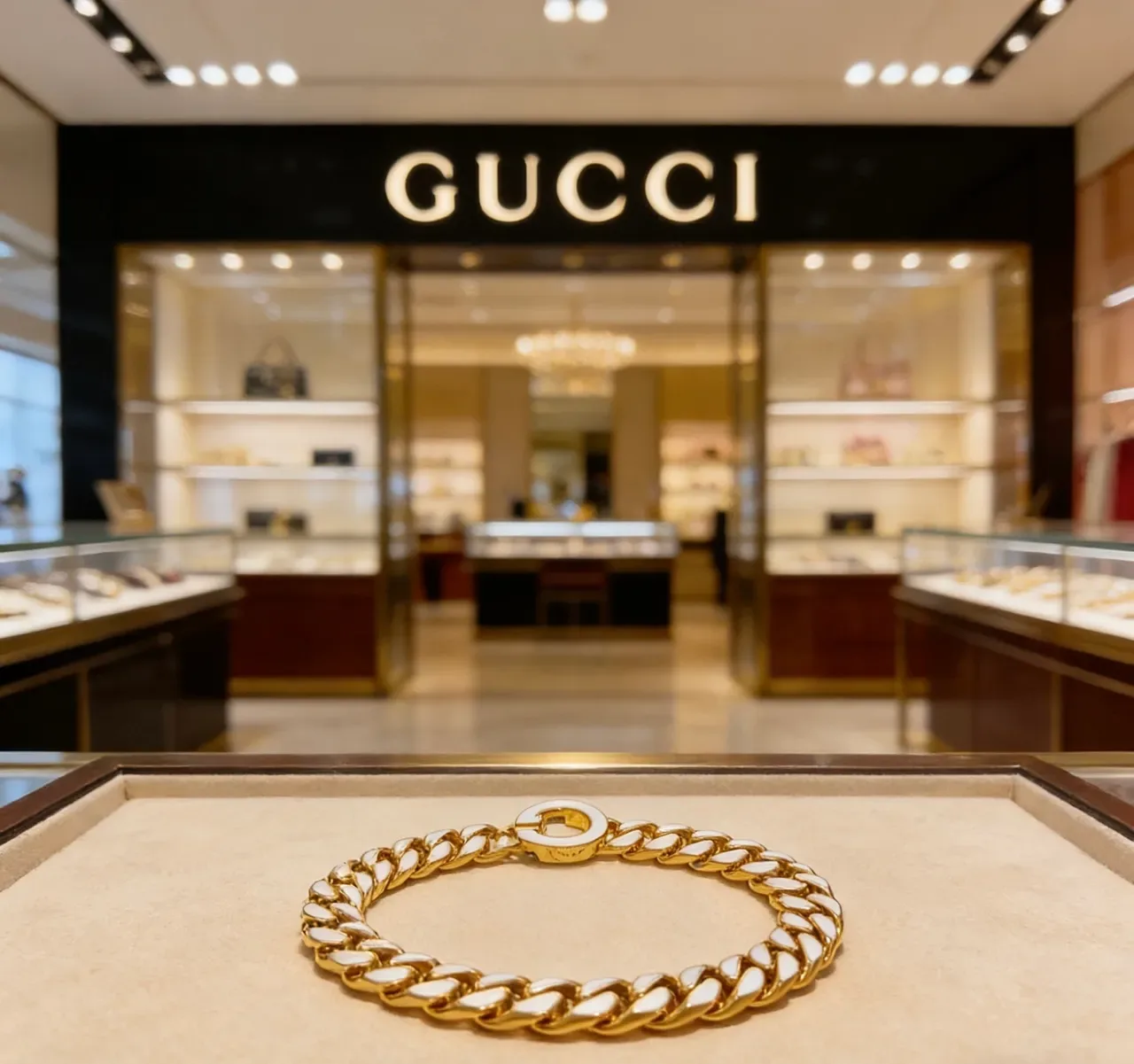 Gucci GG Marmont Bracelet Chaîne Curb-Link Épaisse Or Blanc Inlay Émaillé 8