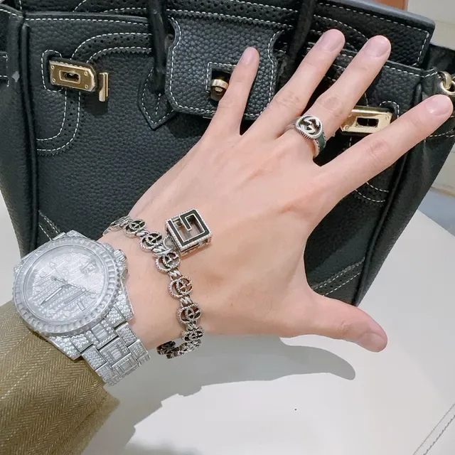 Gucci GG Marmont Interlocking G-Link Silver and Black Enamel Bracelet 7
