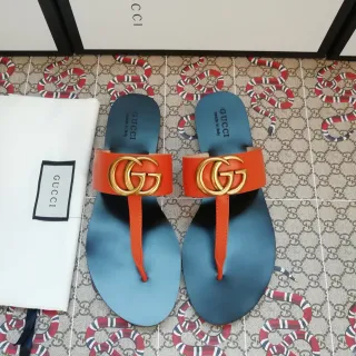 Gucci GG Marmont برتقالي أزرق Interlocking Hardware حزام جلد عريض صندل كاجوال