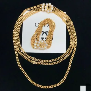 Gucci GG Marmont Colar com Corrente Dupla Dourada com Pérolas