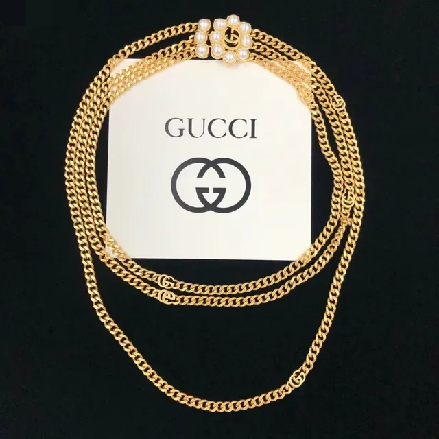 Gucci GG Marmont Colar com Corrente Dupla Dourada com Pérolas 5